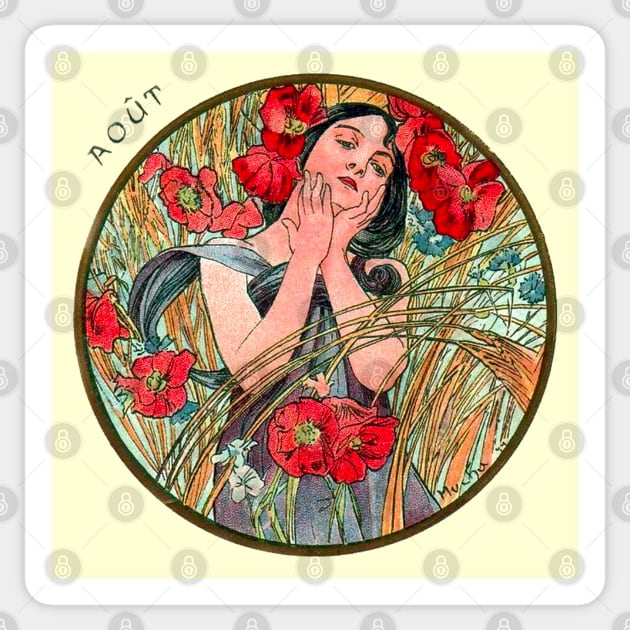 Art Nouveau August Calendar Alphonse Mucha Sticker by JoolyA